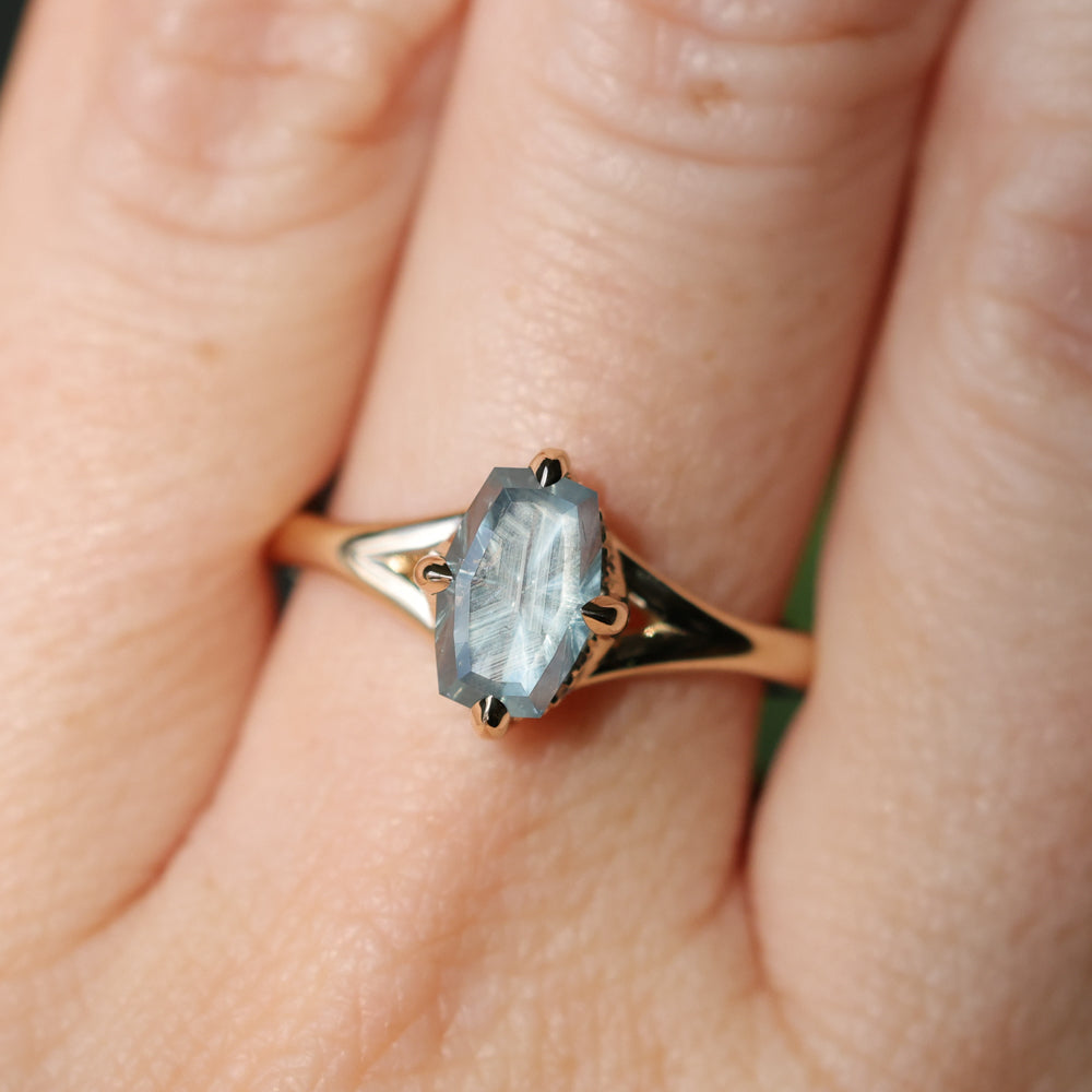 1.75ct Barion Shape Fantasy Cut Carved Montana Sapphire Split Shank Hidden Halo Six Prong Solitaire in 14k Yellow Gold