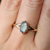 1.75ct Barion Shape Fantasy Cut Carved Montana Sapphire Split Shank Hidden Halo Six Prong Solitaire in 14k Yellow Gold