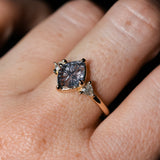 1.93ct Untreated Fantasy Cut Montana Sapphire and Diamond  Antique Milgrain Three Stone Low Profile Ring in 14k Yellow Gold