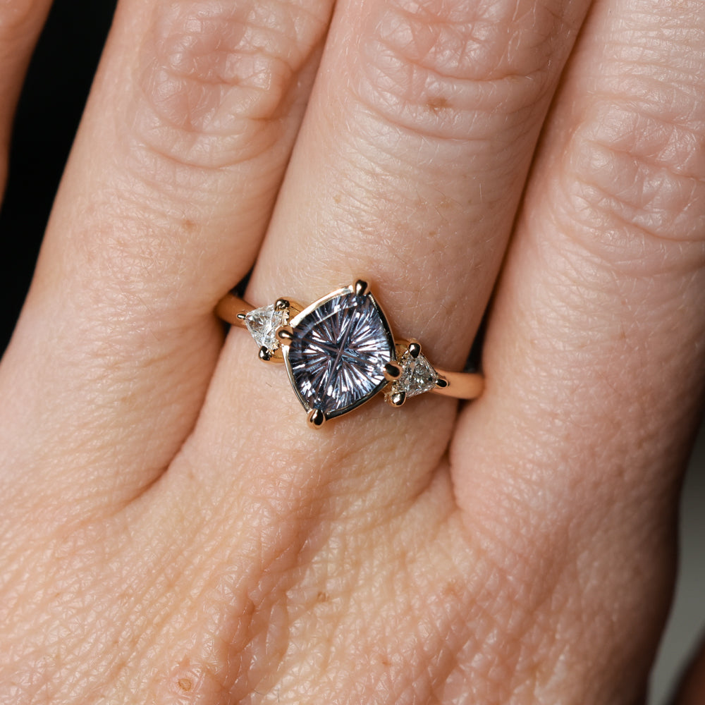 1.93ct Untreated Fantasy Cut Montana Sapphire and Diamond  Antique Milgrain Three Stone Low Profile Ring in 14k Yellow Gold