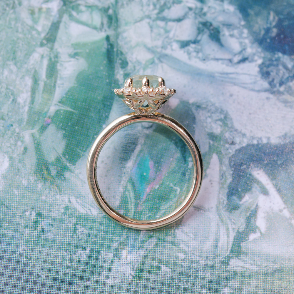 2.18ct"Old Mine Cushion" cut Silky Light Green Montana Sapphire Antique-Style Diamond Halo Ring in 14k Yellow Gold