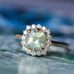 2.18ct"Old Mine Cushion" cut Silky Light Green Montana Sapphire Antique-Style Diamond Halo Ring in 14k Yellow Gold