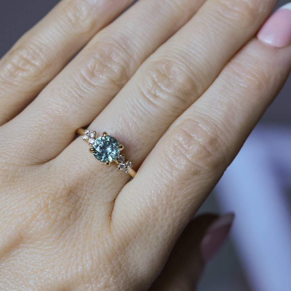 1.47ct Round Untreated Montana Sapphire and Diamond Starry Night Low Profile Solitaire in 14k Yellow Gold