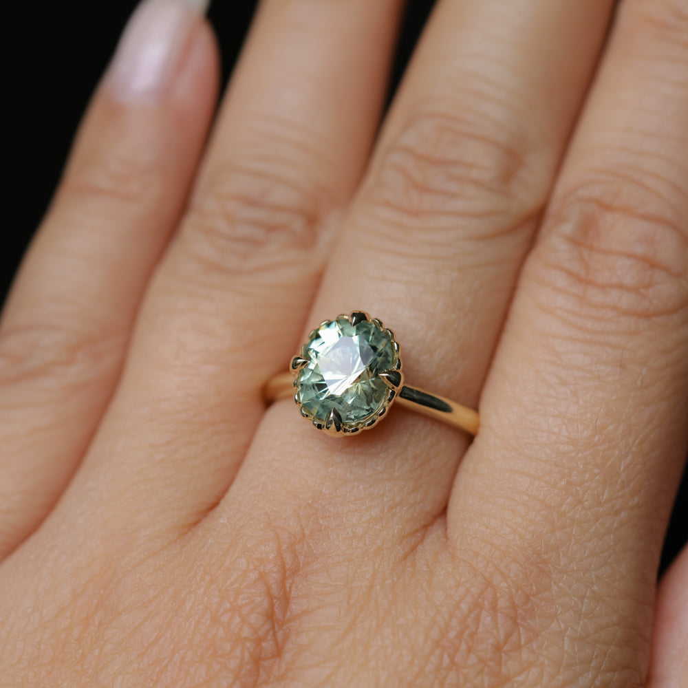 2.57ct Precision Cushion Cut Green Montana Sapphire Scallop Cup Solitaire in 18k Yellow Gold