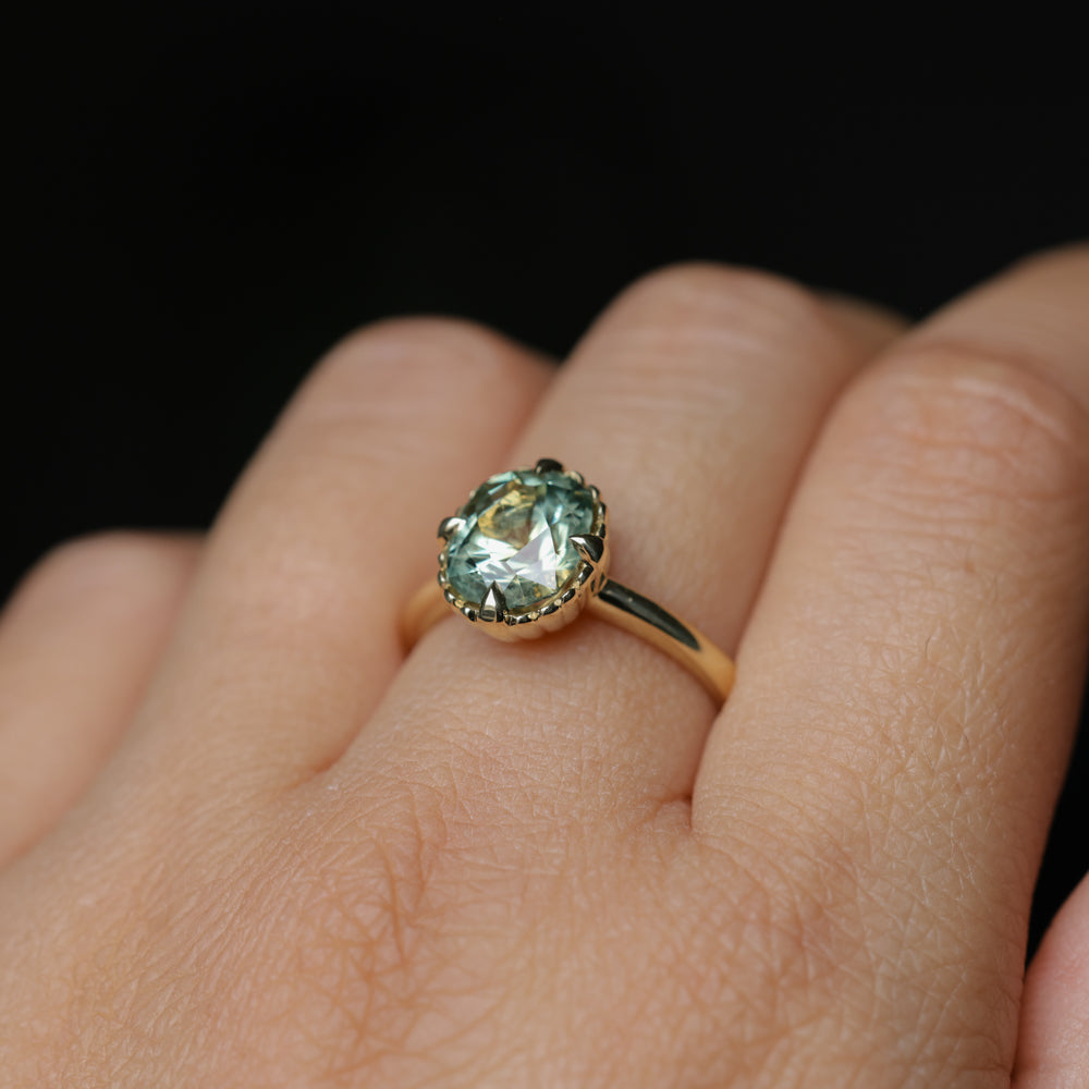 2.57ct Precision Cushion Cut Green Montana Sapphire Scallop Cup Solitaire in 18k Yellow Gold