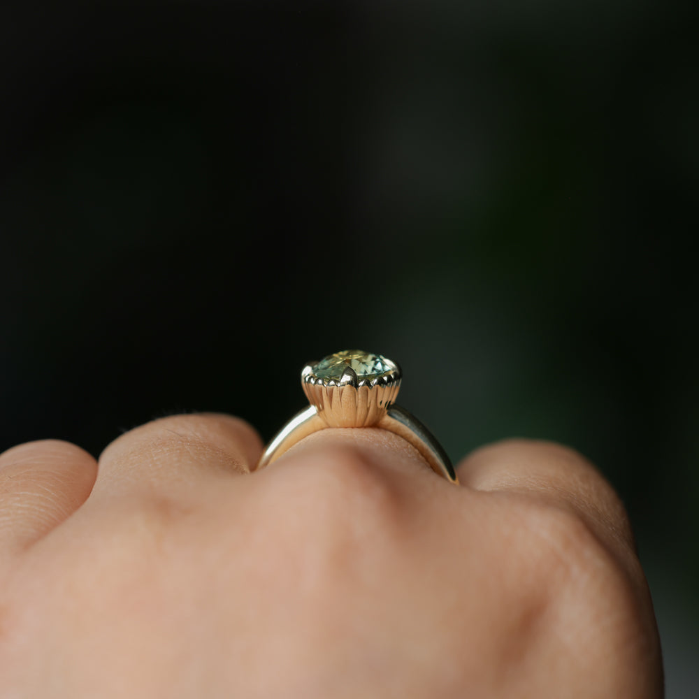 2.57ct Precision Cushion Cut Green Montana Sapphire Scallop Cup Solitaire in 18k Yellow Gold