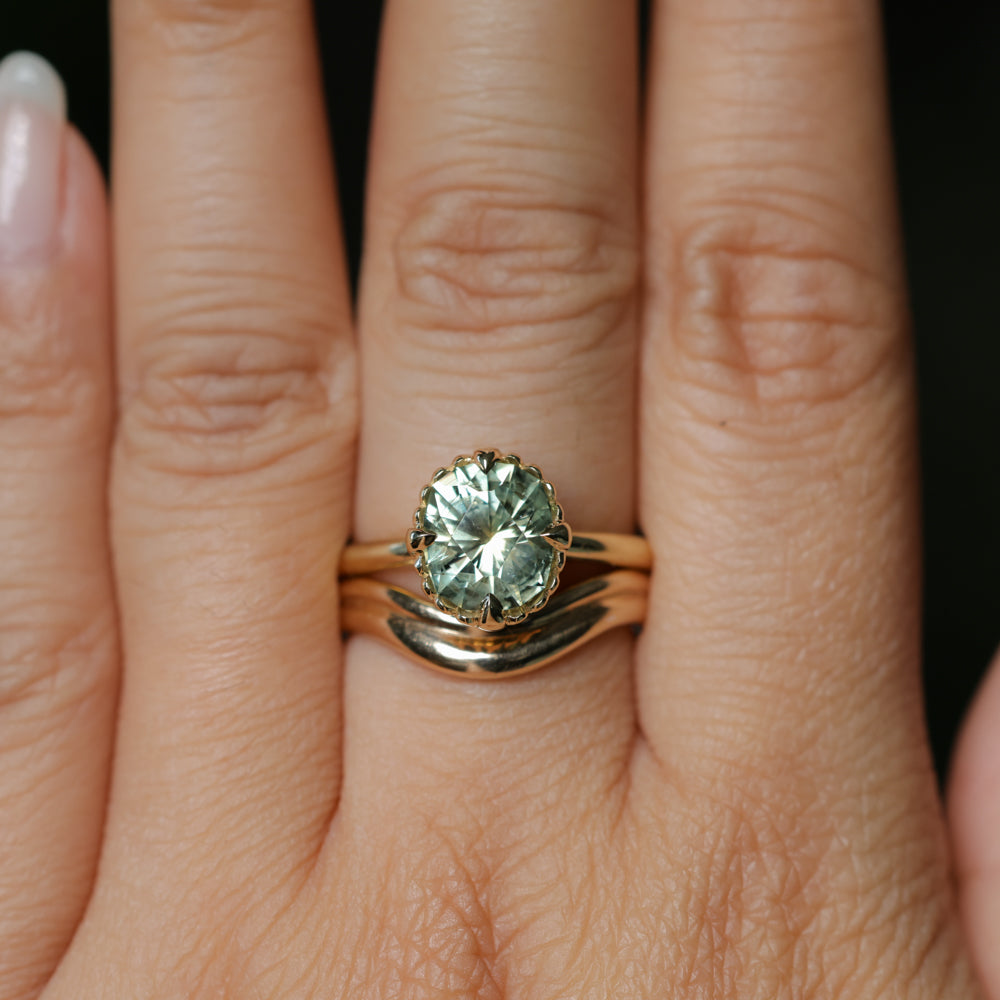 2.57ct Precision Cushion Cut Green Montana Sapphire Scallop Cup Solitaire in 18k Yellow Gold