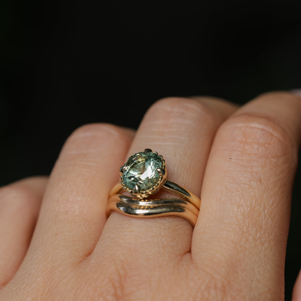 2.57ct Precision Cushion Cut Green Montana Sapphire Scallop Cup Solitaire in 18k Yellow Gold