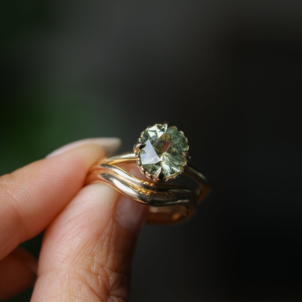 2.57ct Precision Cushion Cut Green Montana Sapphire Scallop Cup Solitaire in 18k Yellow Gold