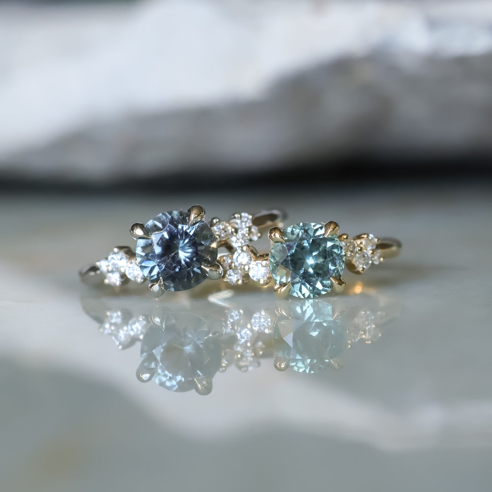 1.47ct Round Untreated Montana Sapphire and Diamond Starry Night Low Profile Solitaire in 14k Yellow Gold