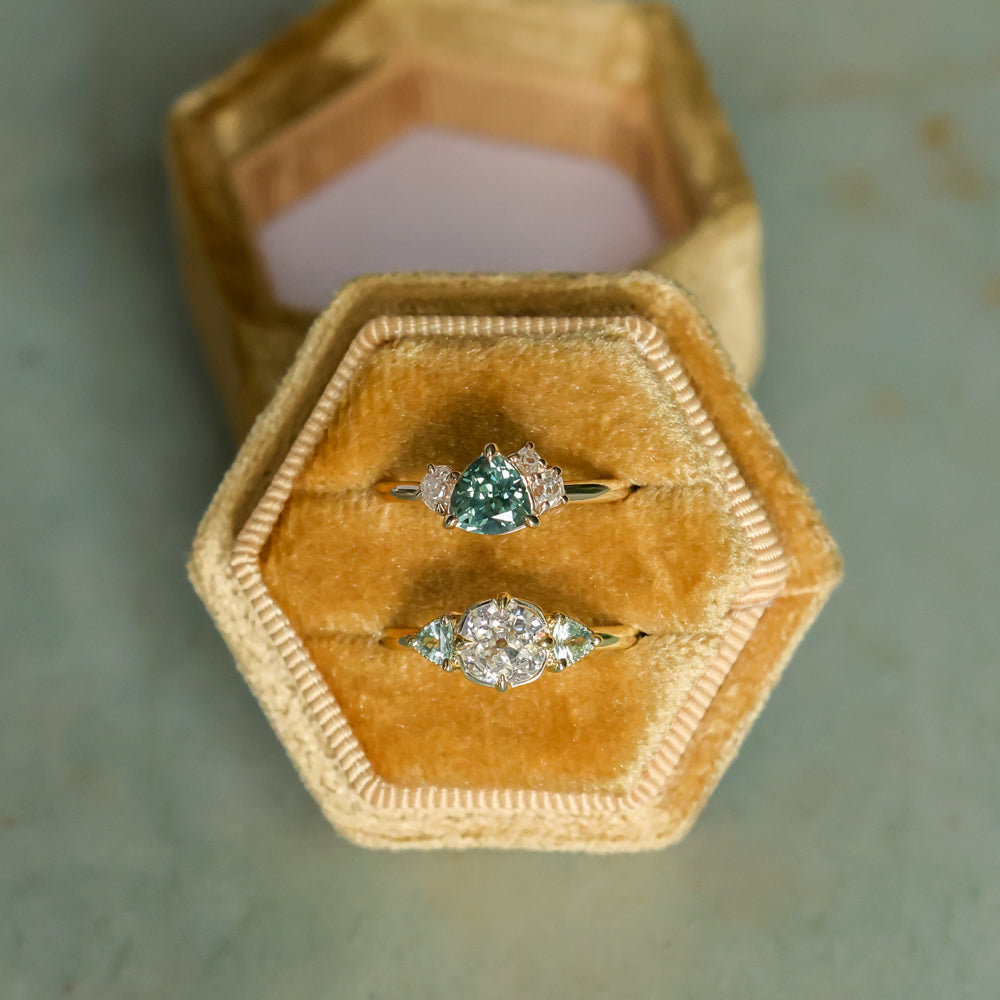 0.96ct Antique Old Mine Cut Diamond and Trillion Seafoam Montana Sapphire Antique Style Compass Set Low Profile Ring with Milgrain in 18k Yellow Gold