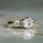 0.96ct Antique Old Mine Cut Diamond and Trillion Seafoam Montana Sapphire Antique Style Compass Set Low Profile Ring with Milgrain in 18k Yellow Gold