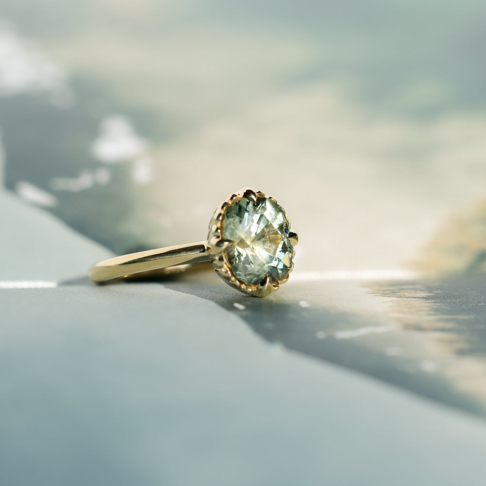 2.57ct Precision Cushion Cut Green Montana Sapphire Scallop Cup Solitaire in 18k Yellow Gold