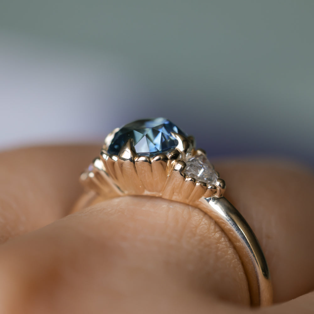 1.57ct Old Mine Cut Montana Sapphire and Diamond Antique Style Compass Set Low Profile Ring in 14k Yellow Gold