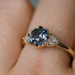 1.57ct Old Mine Cut Montana Sapphire and Diamond Antique Style Compass Set Low Profile Ring in 14k Yellow Gold