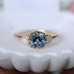 1.57ct Old Mine Cut Montana Sapphire and Diamond Antique Style Compass Set Low Profile Ring in 14k Yellow Gold