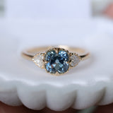 1.57ct Old Mine Cut Montana Sapphire and Diamond Antique Style Compass Set Low Profile Ring in 14k Yellow Gold