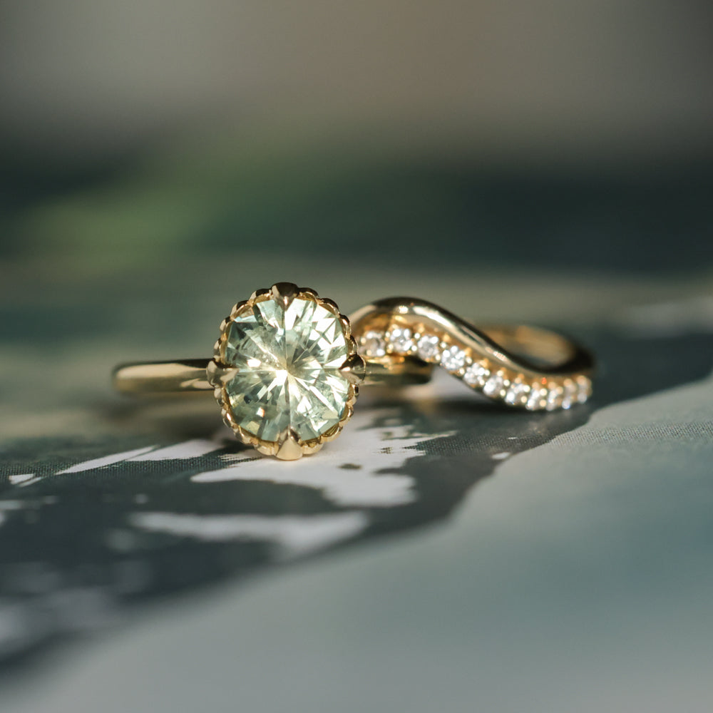2.57ct Precision Cushion Cut Green Montana Sapphire Scallop Cup Solitaire in 18k Yellow Gold