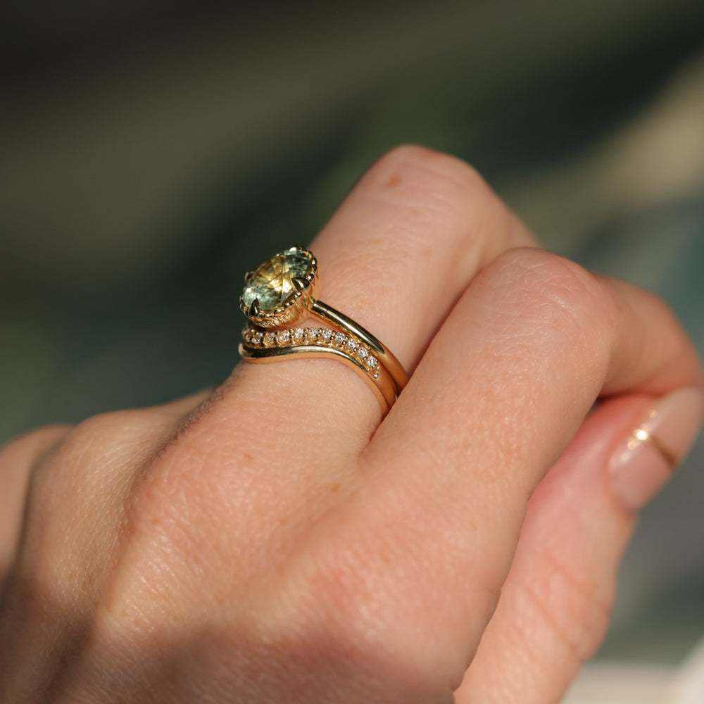 2.57ct Precision Cushion Cut Green Montana Sapphire Scallop Cup Solitaire in 18k Yellow Gold