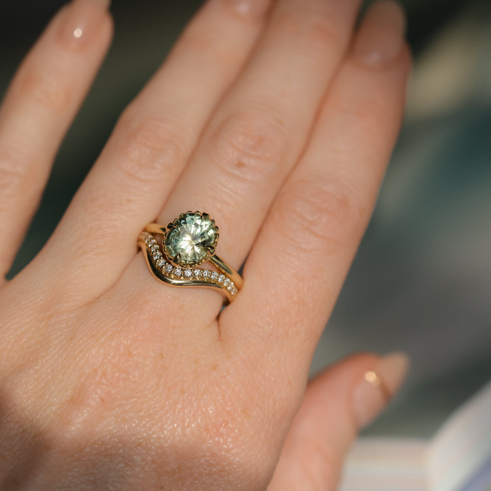 2.57ct Precision Cushion Cut Green Montana Sapphire Scallop Cup Solitaire in 18k Yellow Gold