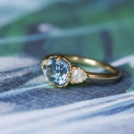 1.57ct Old Mine Cut Montana Sapphire and Diamond Antique Style Compass Set Low Profile Ring in 14k Yellow Gold