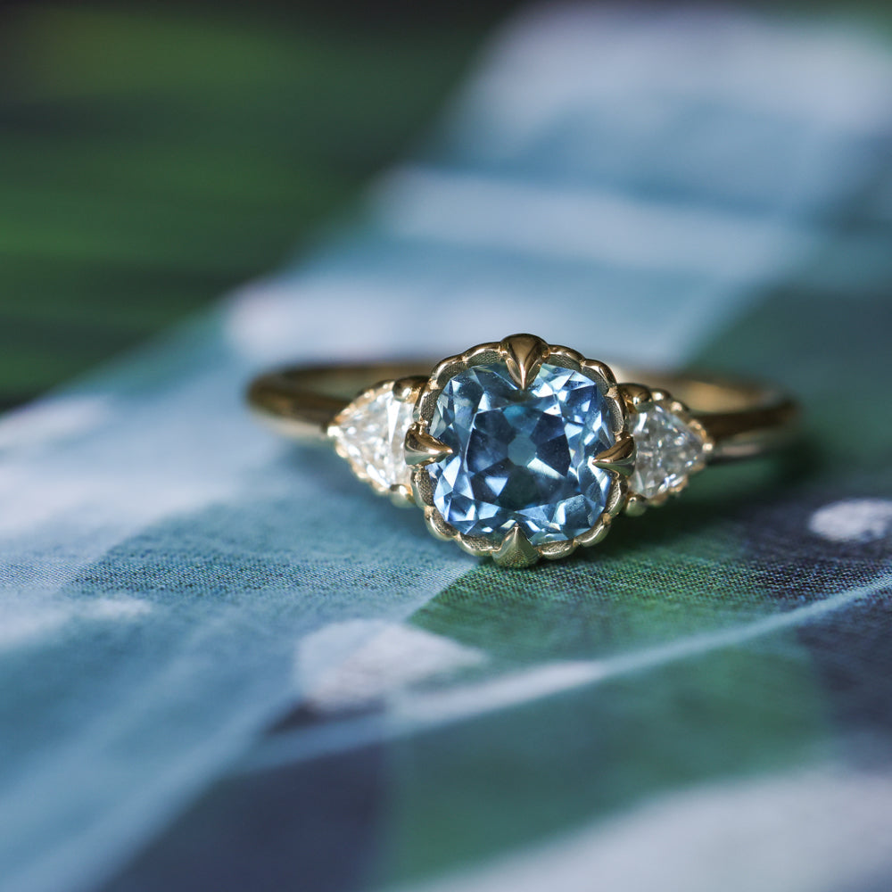 1.57ct Old Mine Cut Montana Sapphire and Diamond Antique Style Compass Set Low Profile Ring in 14k Yellow Gold