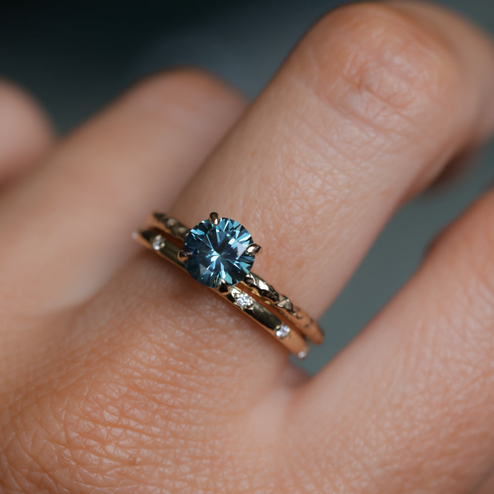 1.13ct Round Precision Blue Montana Sapphire Evergreen Carved 4 Prong Solitaire in 14k Yellow Gold