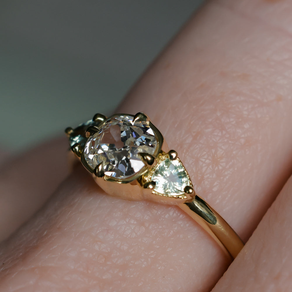 0.96ct Antique Old Mine Cut Diamond and Trillion Seafoam Montana Sapphire Antique Style Compass Set Low Profile Ring with Milgrain in 18k Yellow Gold