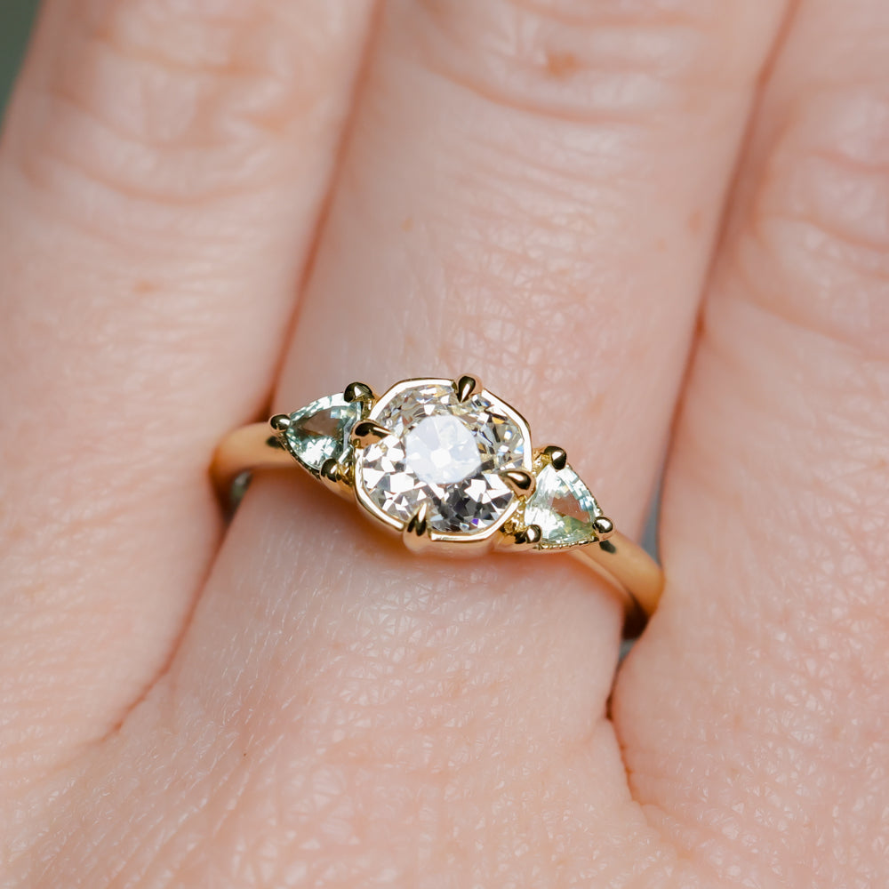 0.96ct Antique Old Mine Cut Diamond and Trillion Seafoam Montana Sapphire Antique Style Compass Set Low Profile Ring with Milgrain in 18k Yellow Gold