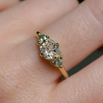 0.96ct Antique Old Mine Cut Diamond and Trillion Seafoam Montana Sapphire Antique Style Compass Set Low Profile Ring with Milgrain in 18k Yellow Gold