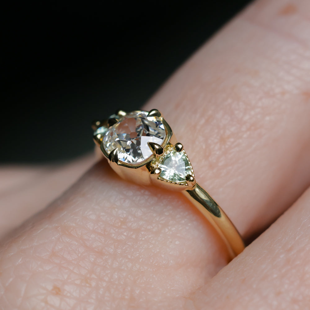 0.96ct Antique Old Mine Cut Diamond and Trillion Seafoam Montana Sapphire Antique Style Compass Set Low Profile Ring with Milgrain in 18k Yellow Gold