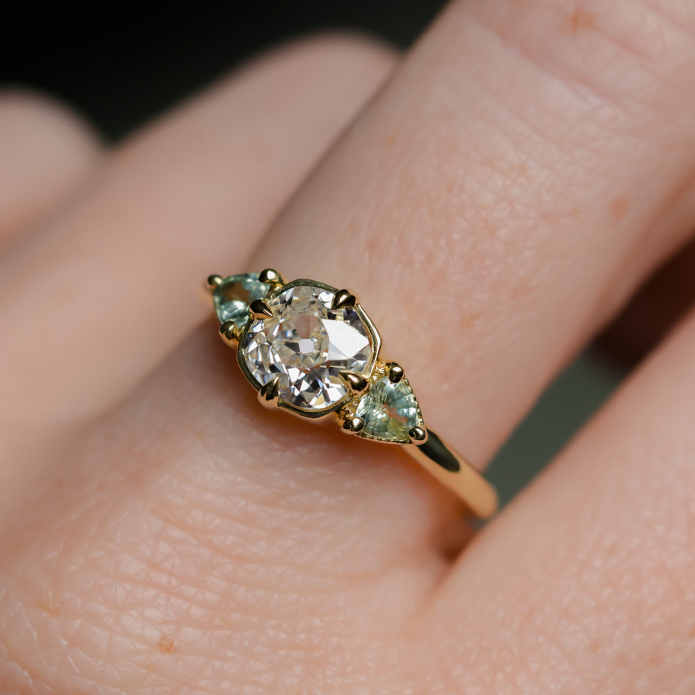 0.96ct Antique Old Mine Cut Diamond and Trillion Seafoam Montana Sapphire Antique Style Compass Set Low Profile Ring with Milgrain in 18k Yellow Gold