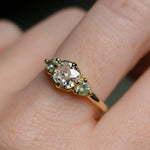 0.96ct Antique Old Mine Cut Diamond and Trillion Seafoam Montana Sapphire Antique Style Compass Set Low Profile Ring with Milgrain in 18k Yellow Gold