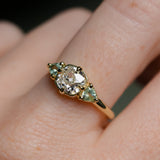 0.96ct Antique Old Mine Cut Diamond and Trillion Seafoam Montana Sapphire Antique Style Compass Set Low Profile Ring with Milgrain in 18k Yellow Gold