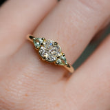 0.96ct Antique Old Mine Cut Diamond and Trillion Seafoam Montana Sapphire Antique Style Compass Set Low Profile Ring with Milgrain in 18k Yellow Gold