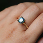 2.67ct Untreated Radiant Cut Montana Sapphire Four Prong Cathedral Solitaire in 18k Yellow Gold
