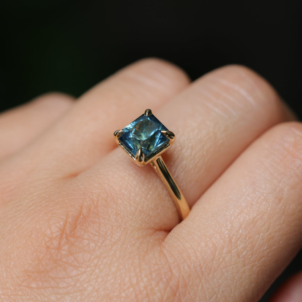 2.67ct Untreated Radiant Cut Montana Sapphire Four Prong Cathedral Solitaire in 18k Yellow Gold