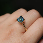 2.67ct Untreated Radiant Cut Montana Sapphire Four Prong Cathedral Solitaire in 18k Yellow Gold