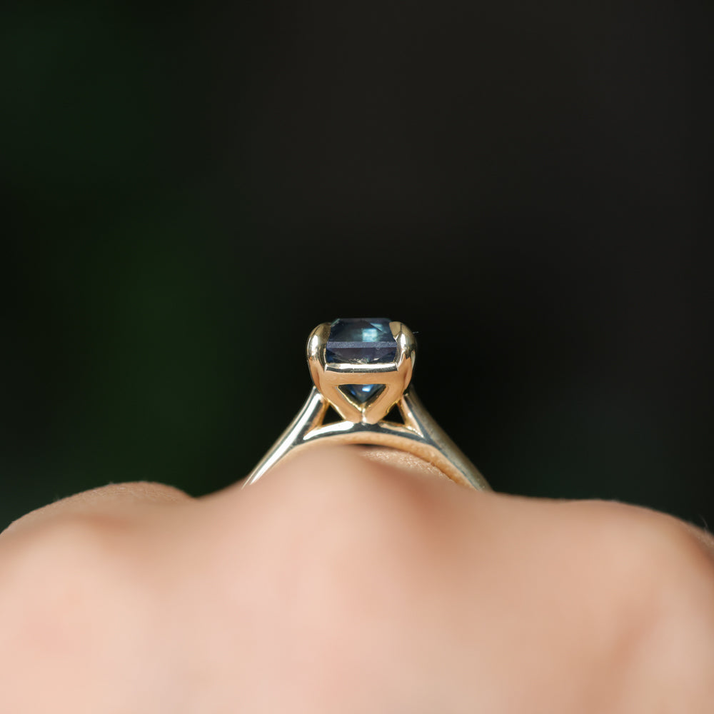 2.67ct Untreated Radiant Cut Montana Sapphire Four Prong Cathedral Solitaire in 18k Yellow Gold