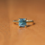 2.67ct Untreated Radiant Cut Montana Sapphire Four Prong Cathedral Solitaire in 18k Yellow Gold