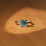 2.67ct Untreated Radiant Cut Montana Sapphire Four Prong Cathedral Solitaire in 18k Yellow Gold