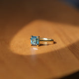 2.67ct Untreated Radiant Cut Montana Sapphire Four Prong Cathedral Solitaire in 18k Yellow Gold