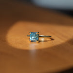 2.67ct Untreated Radiant Cut Montana Sapphire Four Prong Cathedral Solitaire in 18k Yellow Gold
