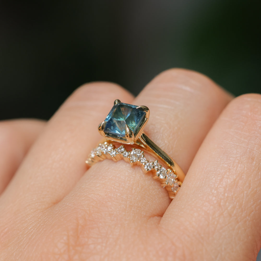 2.67ct Untreated Radiant Cut Montana Sapphire Four Prong Cathedral Solitaire in 18k Yellow Gold