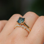 2.67ct Untreated Radiant Cut Montana Sapphire Four Prong Cathedral Solitaire in 18k Yellow Gold