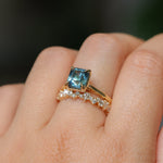 2.67ct Untreated Radiant Cut Montana Sapphire Four Prong Cathedral Solitaire in 18k Yellow Gold