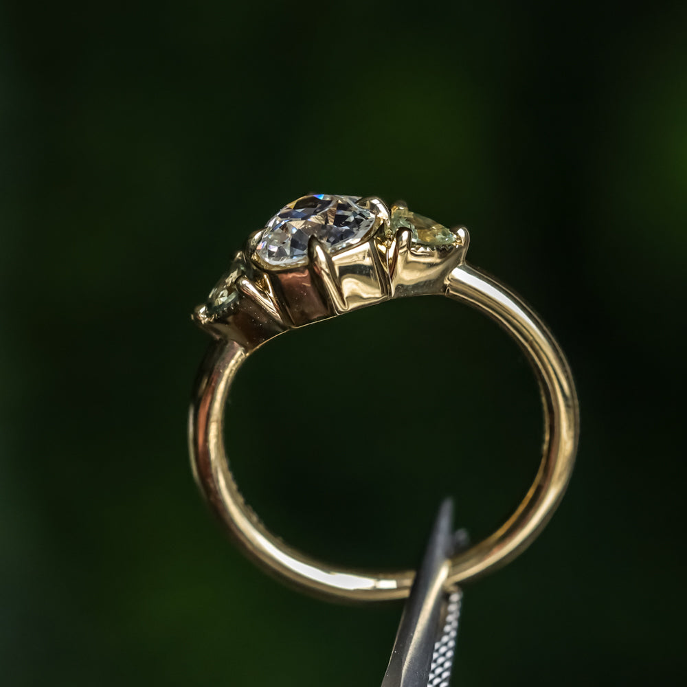 0.96ct Antique Old Mine Cut Diamond and Trillion Seafoam Montana Sapphire Antique Style Compass Set Low Profile Ring with Milgrain in 18k Yellow Gold