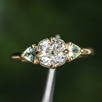 0.96ct Antique Old Mine Cut Diamond and Trillion Seafoam Montana Sapphire Antique Style Compass Set Low Profile Ring with Milgrain in 18k Yellow Gold