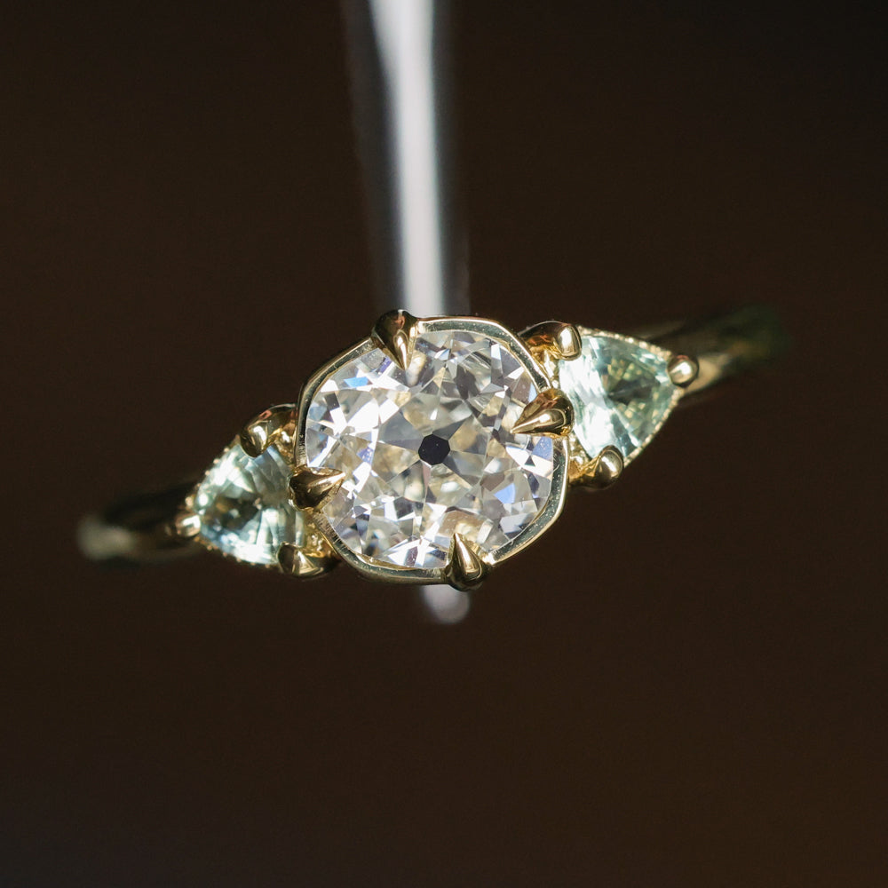 0.96ct Antique Old Mine Cut Diamond and Trillion Seafoam Montana Sapphire Antique Style Compass Set Low Profile Ring with Milgrain in 18k Yellow Gold