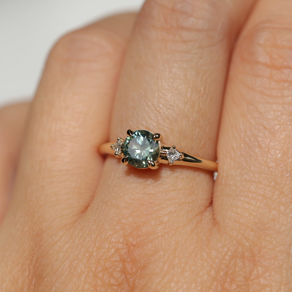 0.93ct Round Seafoam Montana Sapphire and Princess Cut Diamond Rapids Low Profile Ring in 14k Yellow Gold